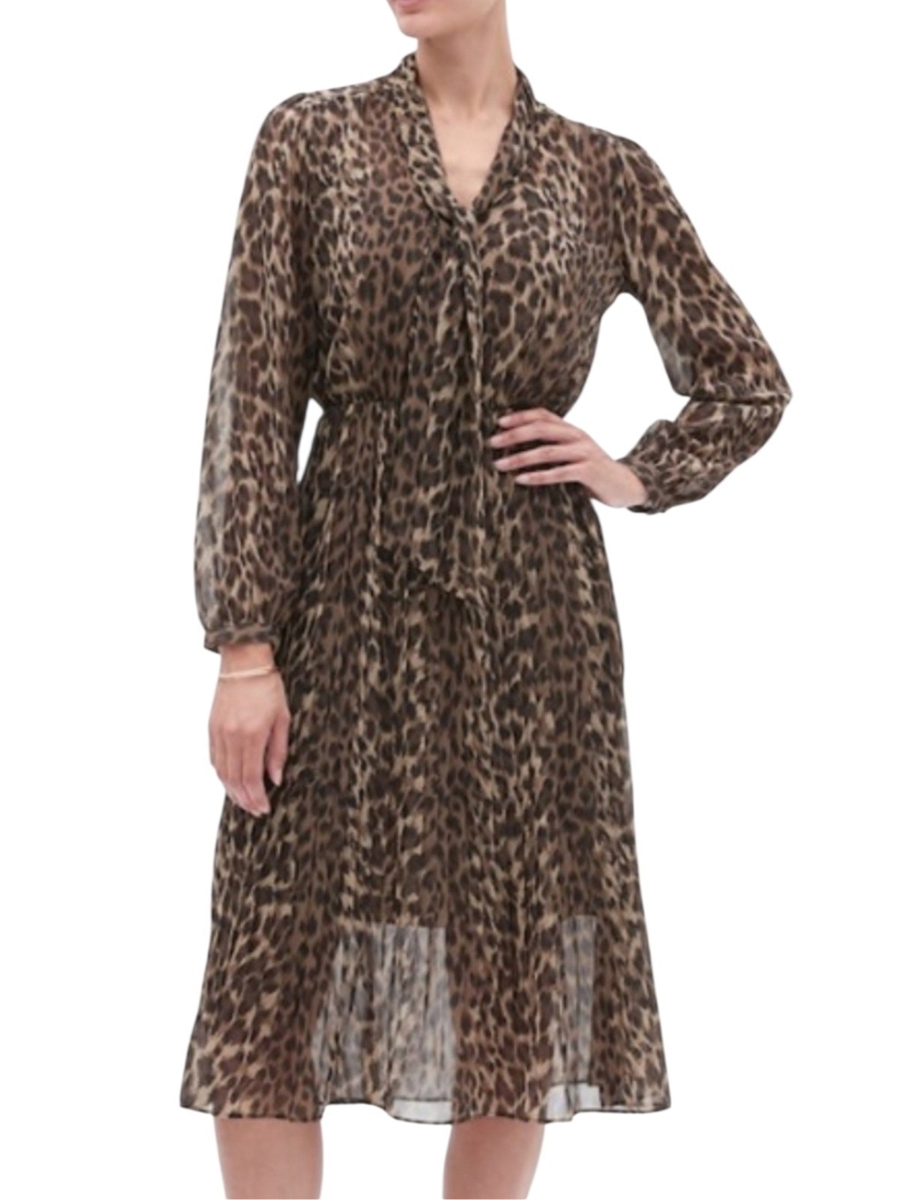 Banana Republic Leopard Chiffon Print Tie-Neck Midi Dress Size 6